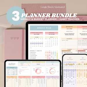 May include: A digital planner bundle with a weekly plan, budget, and habit tracker. The image shows a tablet and phone displaying the planner, along with a pink notebook. The planner includes calendars, habit trackers, and financial summaries.