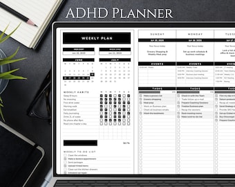 ADHD Weekly Planner Black & White | Digital Organizer Google Sheets | Minimalist Productivity Tracker for Focus Routine