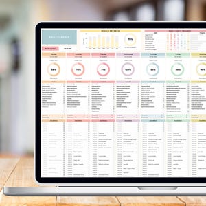 May include: A laptop screen showing a digital daily planner, with sections for each day of the week. The planner includes progress trackers, task lists, and agenda sections. The screen shows the text "DAILY PLANNER" and "WEEKLY PROGRESS".