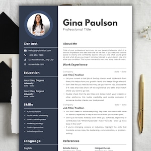 Puede incluir: Una plantilla de currículum vitae profesional con foto, información de contacto, educación, habilidades y secciones de experiencia laboral. El currículum está diseñado con una combinación de colores azul oscuro y blanco, e incluye una sección para referencias.