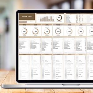 May include: A laptop displays a digital daily planner with sections for tasks, agenda, and progress tracking. The screen shows a weekly layout with percentages and progress bars. The planner's design is in shades of brown and white.