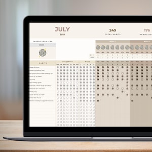 Può includere: Lo schermo di un laptop mostra un tracker digitale delle abitudini per luglio 2025. Il tracker include sezioni per le abitudini, la frequenza e i progressi settimanali, con caselle di controllo e un'icona a forma di luna.