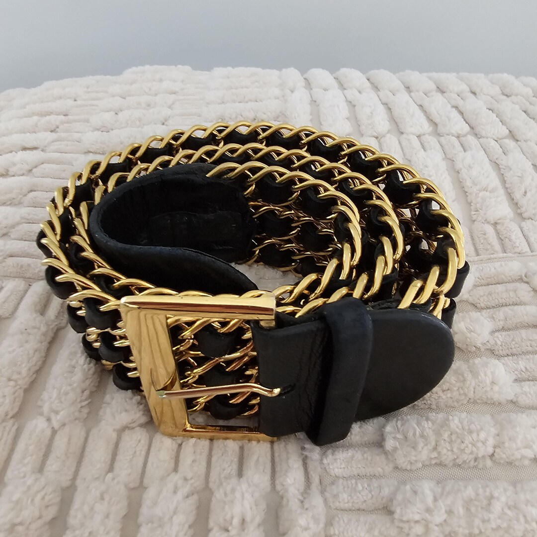 Vintage Chanel Chunky Gold & Black Leather Chain Belt Iconic Elegance ...