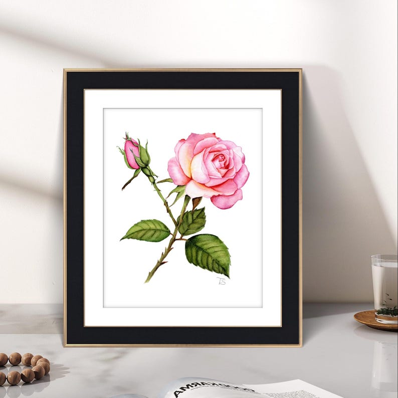 A stunning, realistic hand-painted watercolor of a rose in full bloom, with delicate pink and cream tones blending seamlessly to create lifelike depth and texture. Each petal is carefully detailed, showing natural gradients and soft shading.