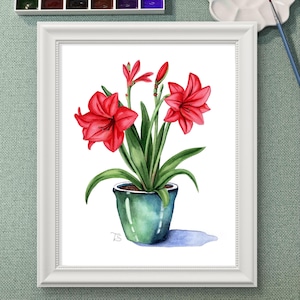 アマリリスのファインアート絵画、手描きの水彩画、彼女へのプレゼント、壁飾り、冬の花、30ドル以下のギフト