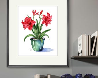 手描きのアマリリス水彩画：ファインアートの壁装飾 - Etsy 日本