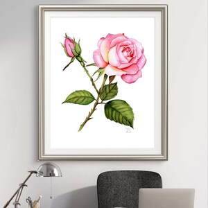 A hand-painted watercolor of a blooming rose, with soft shades of pink  blending seamlessly across the delicate petals, and finely detailed green leaves displayed in a sleek, elegant silver frame with a smooth, reflective finish.