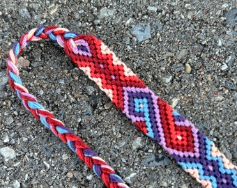 Friendship Bracelet with twisting diamonds in red, purple, and blue - handmade macrame jewelry - made in USA