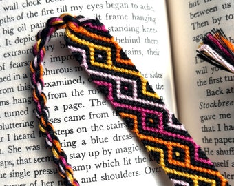 Friendship bracelet with diamonds and zigzags in pink, yellow, orange, & black - handmade macrame jewelry