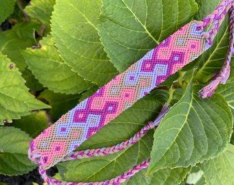 Friendship Bracelet - wide diamond and arrowhead pattern in pink, purple & gray - handmade macrame bracelet