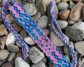 Friendship bracelet in twisted diamond pattern - blue, pink, purple & gray - adjustable - soft cotton embroidery floss - made in USA
