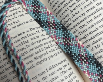 Plaid Friendship Bracelet - blue with pink sparkle thread - handmade macrame jewelry