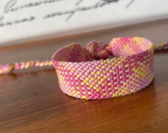 Plaid friendship bracelet in colors of yellow and pink - hand-knotted from soft cotton embroidery thread - handmade in USA