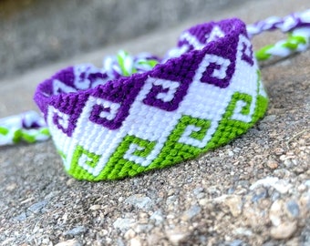 Friendship Bracelet - Greek Wave in purple, green, & white - handmade wide macrame bracelet
