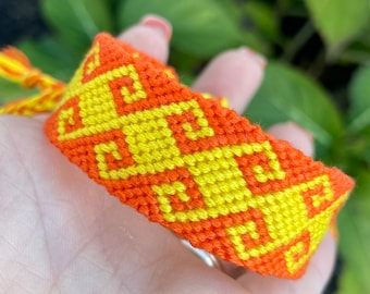 Friendship bracelet in Greek Wave pattern - yellow & orange - double wide - made from soft cotton thread - tidal wave - handmade in USA