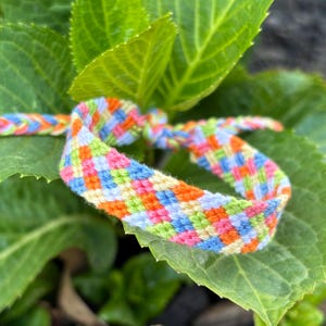 Peut inclure: Un bracelet d'amitié multicolore avec un motif tissé de fils roses, oranges, bleus, verts et jaunes. Le bracelet noué repose sur des feuilles vertes, mettant en valeur son design vibrant.