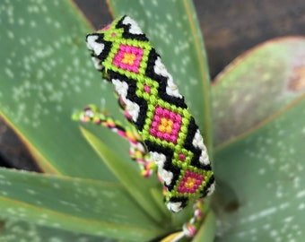 Friendship Bracelet - big & small diamonds pattern - green, black, white, pink, and yellow - handmade macrame bracelet