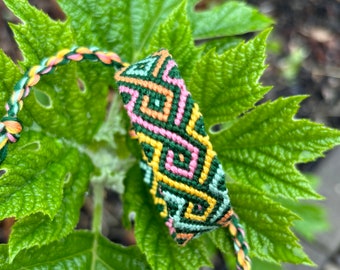 Friendship Bracelet - twisted diamond flame in green, orange, pink, & yellow - handmade macrame jewelry