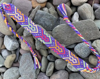 Friendship Bracelet - arrowheads, diamonds, & dots in purple, yellow, green, pink, and orange - handmade macrame jewelry