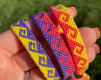 Set of 3 friendship bracelets - matching Greek wave bracelet set - pink, purple, and yellow tidal wave