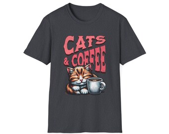 Kattälskare unisex t-shirt, kaffeälskare tee, katter och kaffe skjorta, kattälskare gåva, mjuk katt mamma pappa, roliga kattkläder