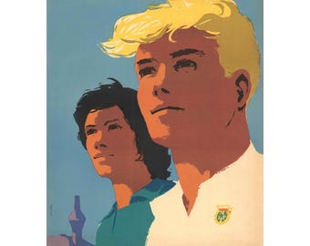 May include: A vintage Polish propaganda poster featuring a young man and woman looking up and to the right. The poster is blue, white, and orange with the text "KOLEDZY, DOŁĄCZCIE DO NAS!" and "ZAMIENIMY ODŁOGI W ŻYZNE POLA".