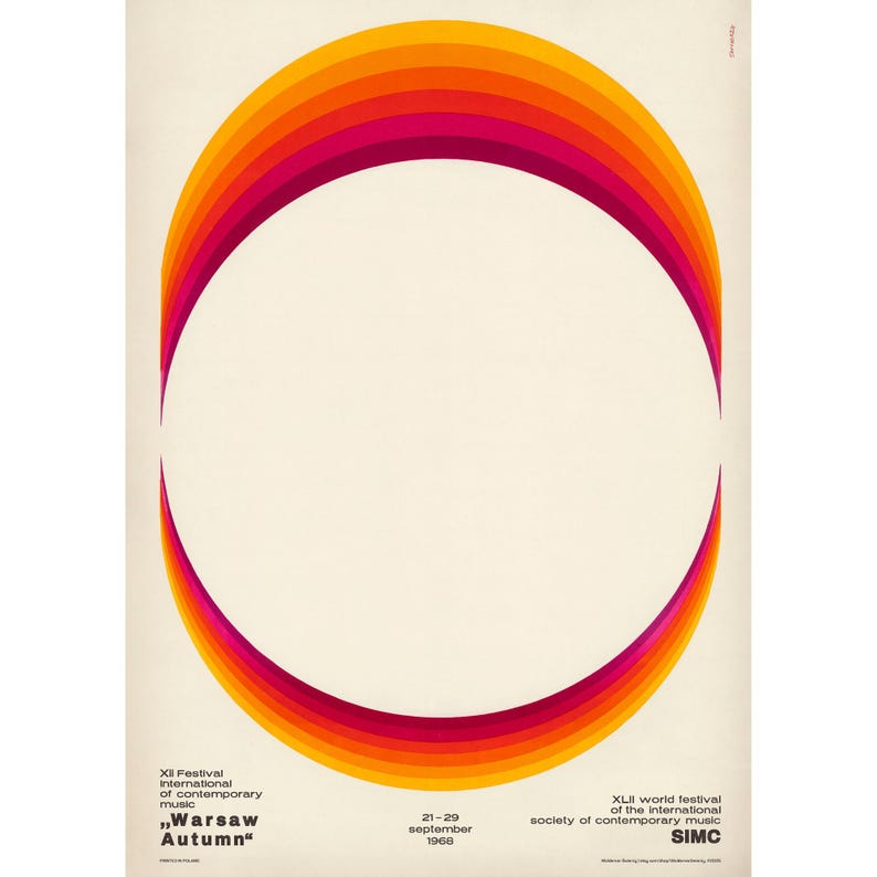 May include: A poster for the XII International Festival of Contemporary Music, "Warsaw Autumn", held in September 1968. The poster features a circular design with concentric orange and red bands.