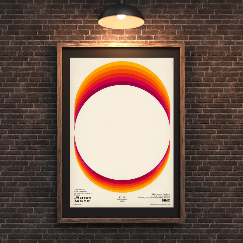 May include: A poster for the 23rd Festival of Contemporary Music "Warsaw Autumn" in Warsaw, Poland. The poster features a circle of concentric rings in shades of orange, red, and pink. The text "Warsaw Autumn" is in the lower left corner, and the dates "21-29 September 1974" are in the lower right corner.