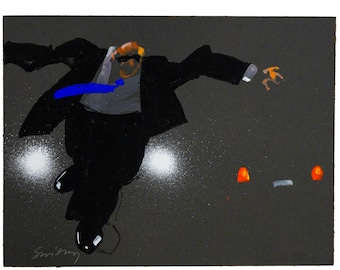 May include: Abstract painting of a figure in a black suit with a blue tie, arms outstretched, against a dark gray background. White spray paint accents and orange and gray shapes add detail.