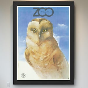 Zoo - Gray Owl Poster by Waldemar Świerzy – 1979 Vintage Polish Art Reprint, Warsaw Zoo Limited Edition Wall Decor, Vintage Bird Art