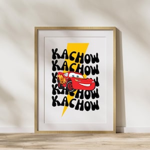 May include: A red cartoon race car with a yellow lightning bolt and the word "KACHOW" repeated five times in black text on a white background.
