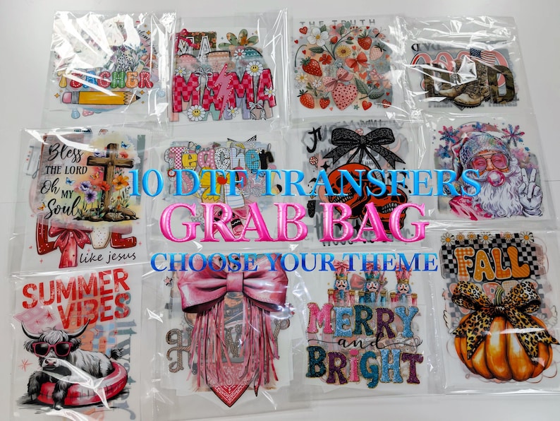 DTF Grab Bag Mystery DTF Transfer Bundle Ready to Press Direct to Film Prints Heat Transfer Designs Bulk DTF Prints Dtf Transfers Trendy image 1