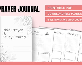 May include: Printable PDF journal with a gray and white floral design on the cover. The title is "Bible Prayer & Study Journal".
