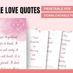 Può includere: Una raccolta di citazioni bibliche sull'amore stampabili, con un design ad acquerello rosa e dettagli dorati. Il testo include citazioni ispiratrici sull'amore, perfette per un planner scaricabile. Sono visibili anche le parole "PDF stampabile" e "Planner scaricabile".