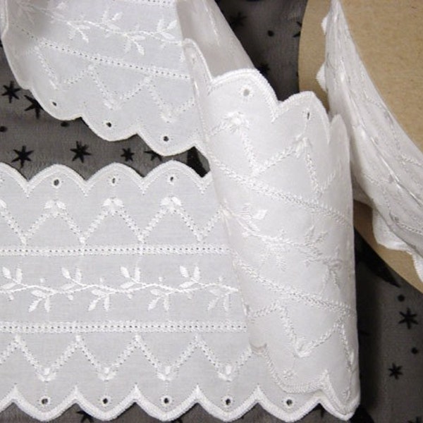 10 yards - 4.5 inch wide White embroidered Eyelet Scallop Lace trim, more available DESTASH