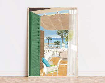 May include: A framed illustration of a balcony overlooking a blue ocean with white boats. The balcony has a white railing, a white chair with a blue cushion, and a white table with a white chair. The balcony is covered by a brown awning.