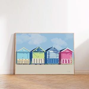 Four Beach Huts, Beach Huts print - Coastal wall art, seaside print, beach hut art, seaside decor, coastal print, nautical wall art