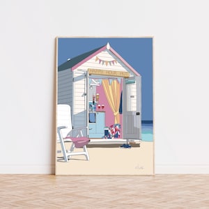 Happy Hour Beach Hut, impression de huttes de plage - art mural côtier, art de cabane de plage, impression côtière en bord de mer, art mural nautique, Mudeford, Dorset
