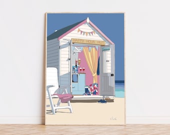 Könnte beinhalten: Eine farbenfrohe Illustration einer Strandhütte mit dem Schriftzug "Happy Hour Hut" an der Vorderseite. Die Hütte hat ein rosafarbenes Dach, gelbe Vorhänge und eine weiße Tür. In der Hütte befinden sich ein Stuhl und ein Tisch mit Getränken. Die Hütte steht an einem Sandstrand mit blauem Wasser im Hintergrund.