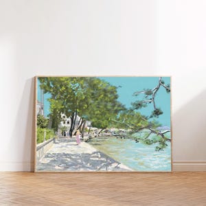 Paseo de pinos en Puerto Pollensa, Mallorca, arte mural, vista española, impresión artística original del Mediterráneo, Islas Baleares, costa