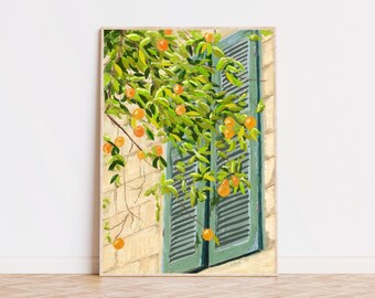 May include: A painting depicting a green window with shutters partially open, with a branch of an orange tree growing in front of it. The oranges are ripe and orange, and the leaves are green. The wall behind the window is a light yellow.