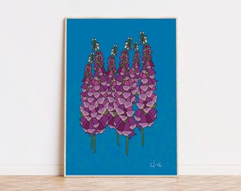 Foxgloves, levendige botanische foto, bloemenwanddecor, paars