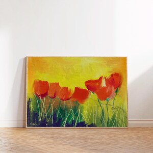 Poppies on Yellow art print | beautiful summer flowers, floral wildflower field, countryside, enchanted peaceful tranquil nature art