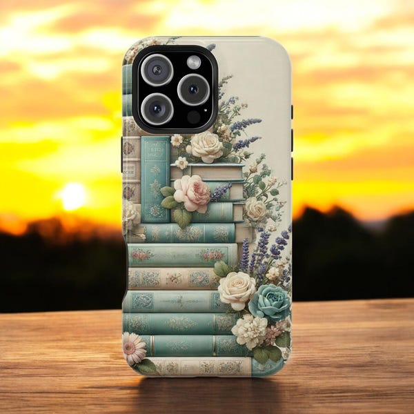 Vintage Book Stack Phone Case – Floral Aesthetic Protective Cover, iPhone case cover, Girls phone cover, Gift for Girls, Custom phone cover