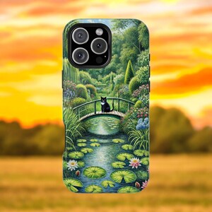 Black Cat Garden Phone Case -Tranquil Lily Pond and Bridge Design Cover, iPhone case cover, Valentine Gifts, Birthday Gift, Customized cover