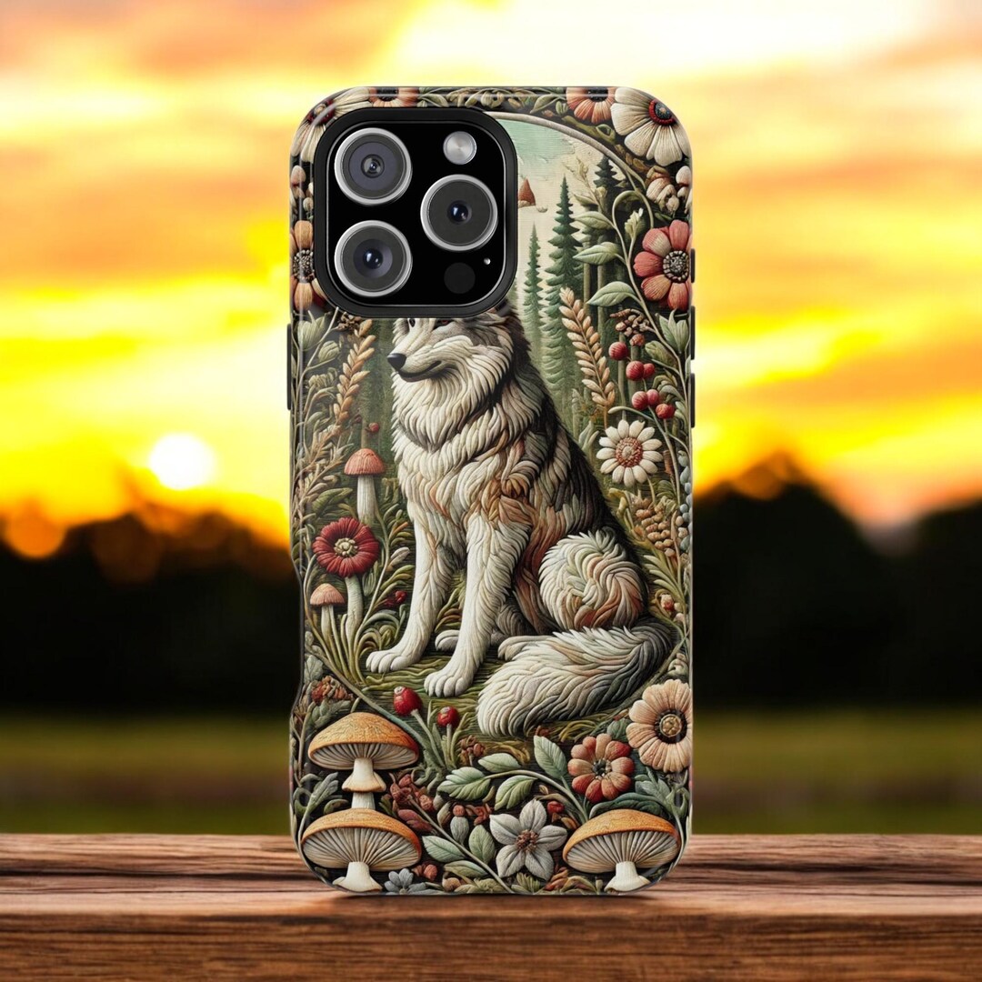Woodland Wolf Phone Case, Rustic Nature Inspired Floral and Animal