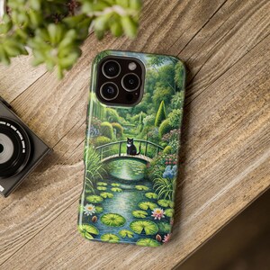 Black Cat Garden Phone Case, Lily Pond and Bridge Design Cover, iPhone case cover, Nature Phone Cover, Birthday Gift, Phone Case Cover, Gift