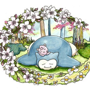 Snorlax and Jigglypuff Sleeping A4 Watercolour Art Print