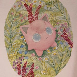 Puede incluir: Pintura a la acuarela de un personaje de dibujos animados rosa con ojos azules y orejas grises, rodeado de coloridas flores y vegetación. El personaje está centrado en una forma ovalada, con un estilo suave y caprichoso.
