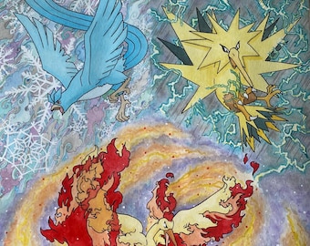 Legendary Birds Articuno Moltres Zapdos Print of Original Art A3
